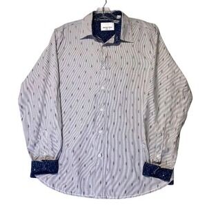 Paper Denim & Cloth Mens Medium Button Front Shirt Blue White Stripe Ikat Print